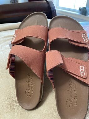 Skechers Coral-Red Dual Strap Slide Sandals